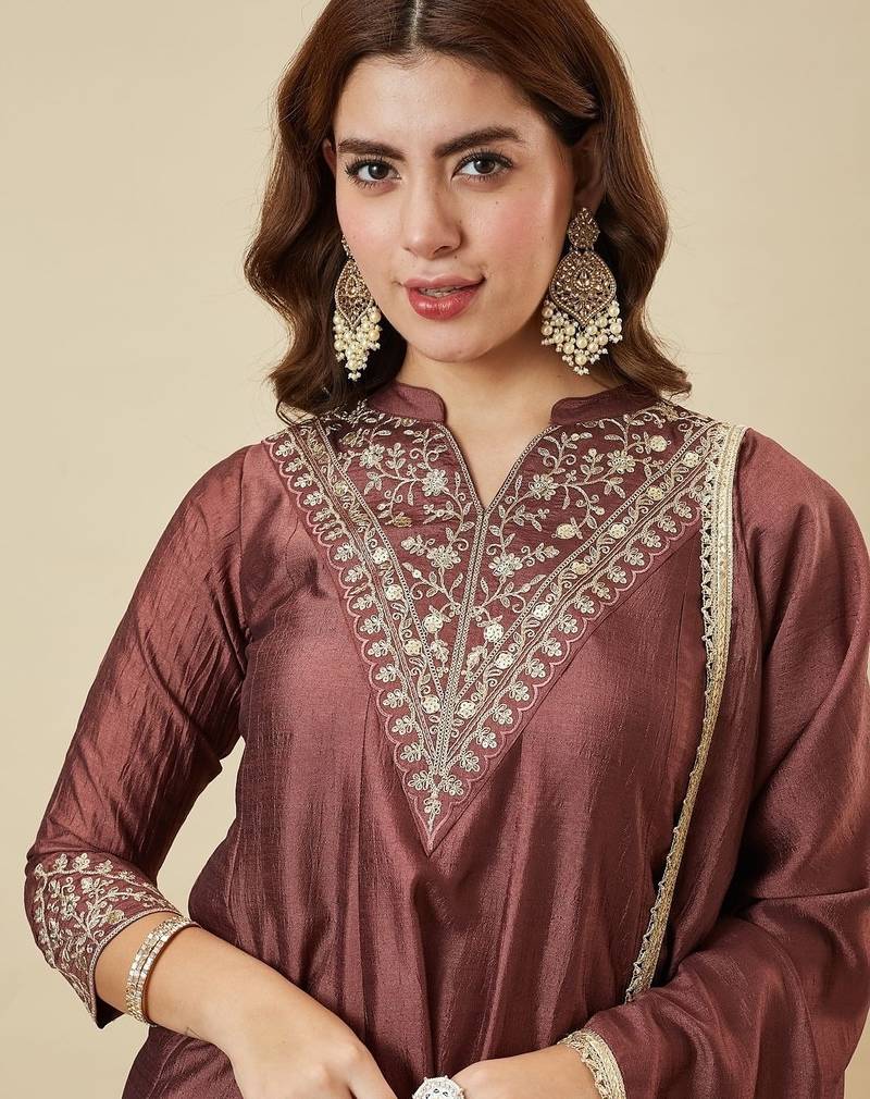 Brown color smart vichitra silk fabric beautiful partywear salwar kameez