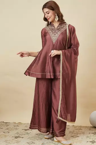 Brown color smart vichitra silk fabric beautiful partywear salwar kameez