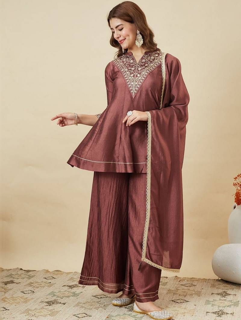 Brown color smart vichitra silk fabric beautiful partywear salwar kameez