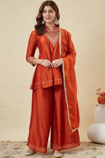 Orange color smart vichitra silk fabric beautiful partywear salwar kameez