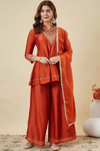 Orange color smart vichitra silk fabric beautiful partywear salwar kameez