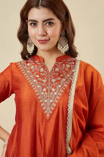 Orange color smart vichitra silk fabric beautiful partywear salwar kameez