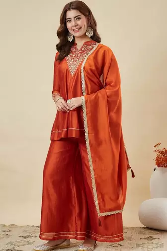 Orange color smart vichitra silk fabric beautiful partywear salwar kameez