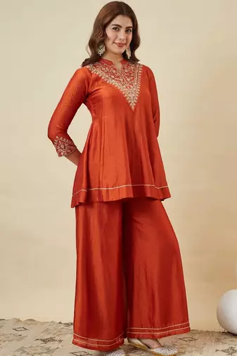 Orange color smart vichitra silk fabric beautiful partywear salwar kameez