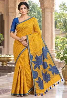 cotton blend saree with elegant printed design for festive & casual wear 1