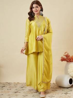 Yellow color smart vichitra silk fabric beautiful partywear salwar kameez 1