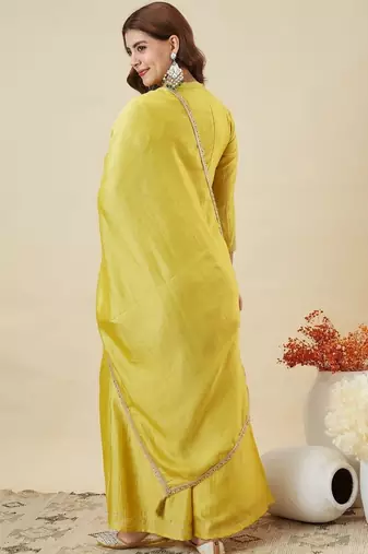 Yellow color smart vichitra silk fabric beautiful partywear salwar kameez