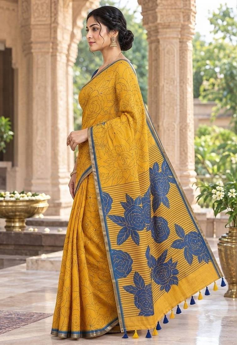 cotton blend saree with elegant printed design for festive & casual wear
