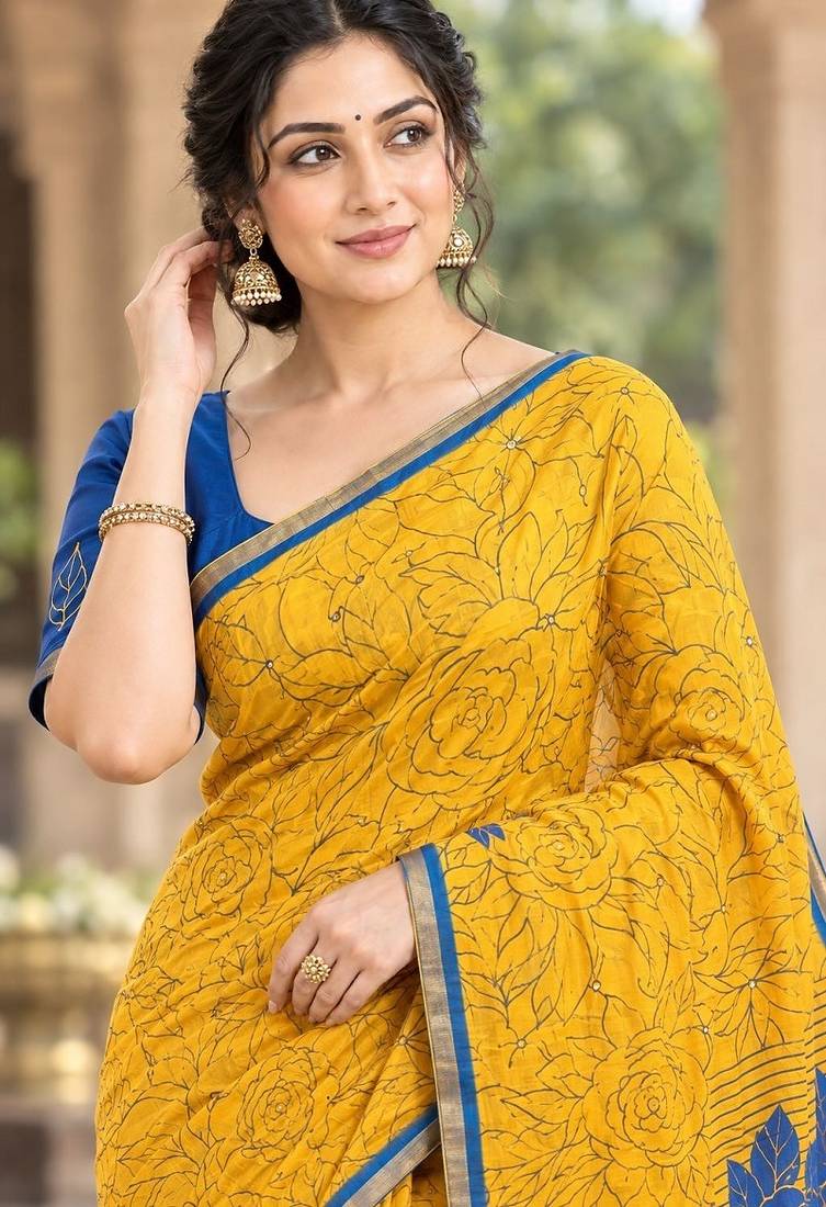 cotton blend saree with elegant printed design for festive & casual wear