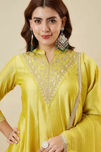 Yellow color smart vichitra silk fabric beautiful partywear salwar kameez