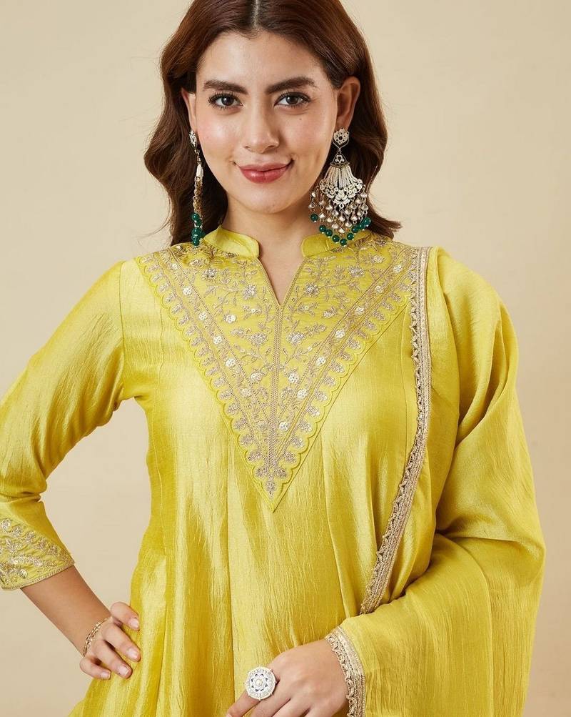 Yellow color smart vichitra silk fabric beautiful partywear salwar kameez