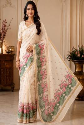 cotton blend saree with elegant printed design for festive & casual wear 1