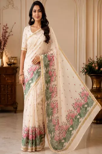 cotton blend saree with elegant printed design for festive & casual wear