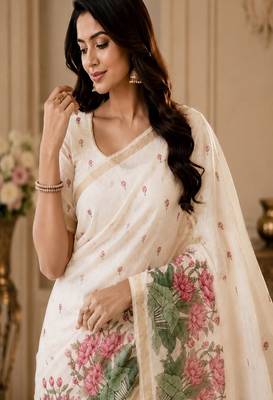 cotton blend saree with elegant printed design for festive & casual wear 4