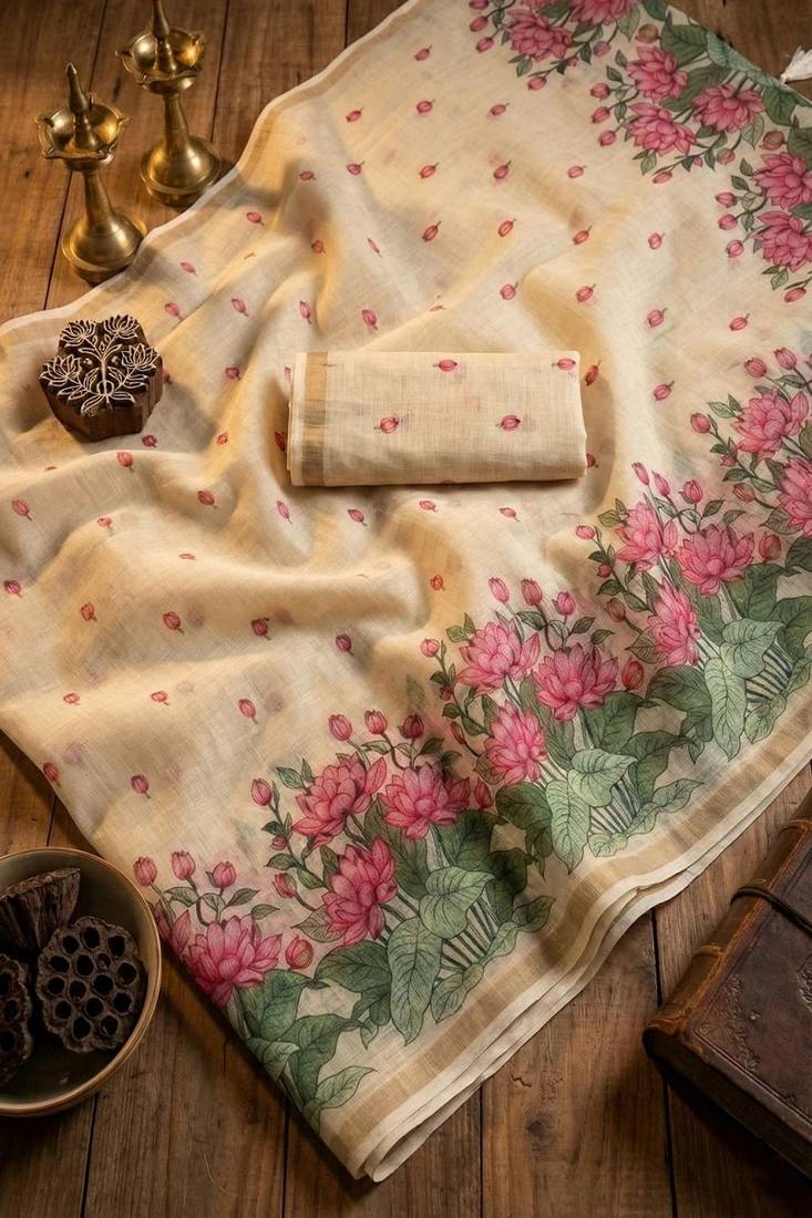 cotton blend saree with elegant printed design for festive & casual wear