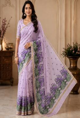 cotton blend saree with elegant printed design for festive & casual wear 1