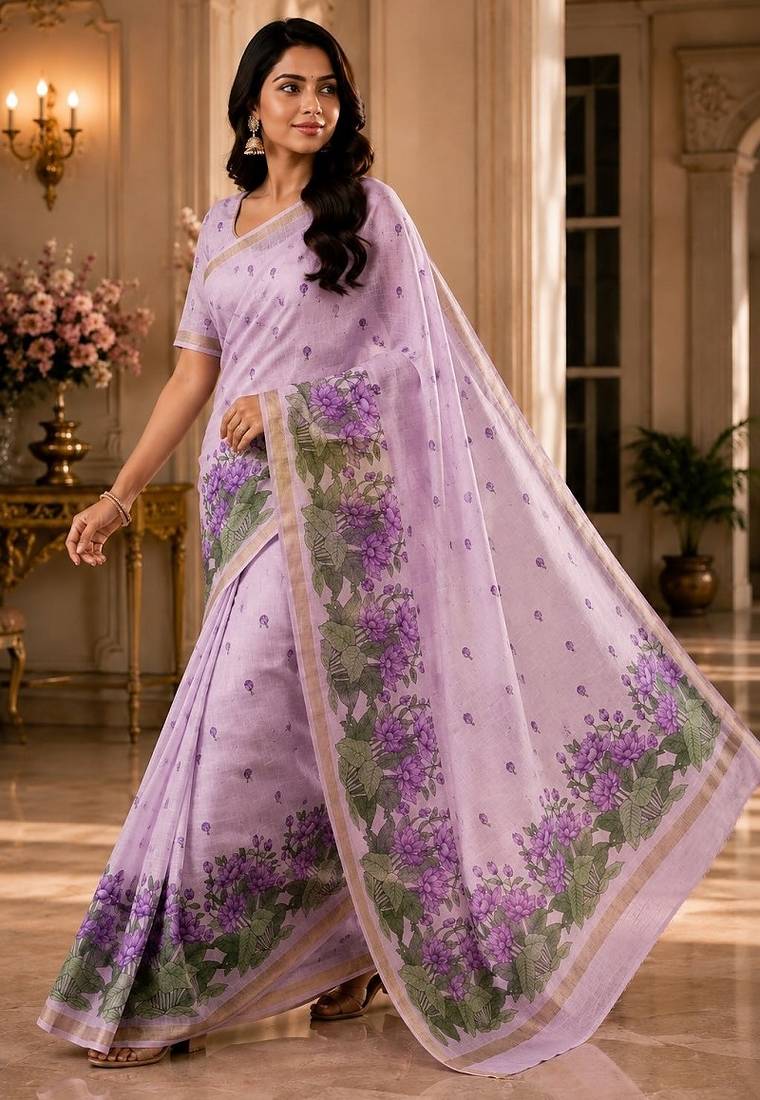 cotton blend saree with elegant printed design for festive & casual wear