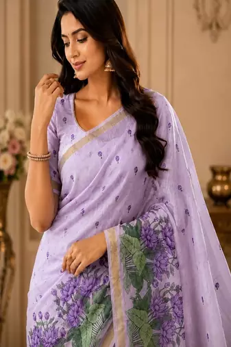 cotton blend saree with elegant printed design for festive & casual wear