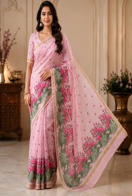 cotton blend saree with elegant printed design for festive & casual wear 1