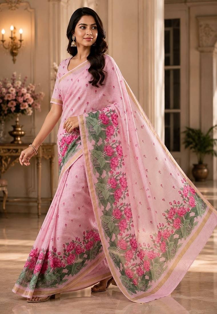 cotton blend saree with elegant printed design for festive & casual wear