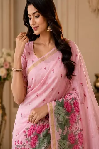 cotton blend saree with elegant printed design for festive & casual wear