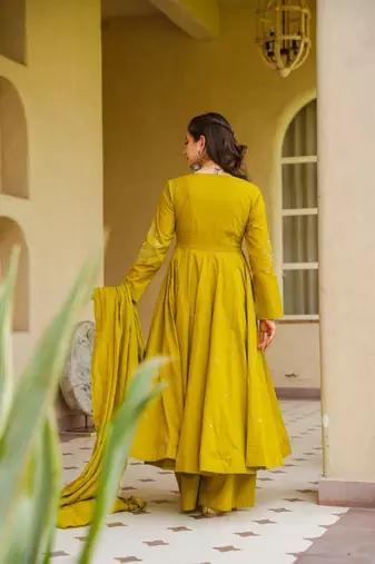 Mustard color smart viscose chanderi fabric beautiful partywear salwar kameez