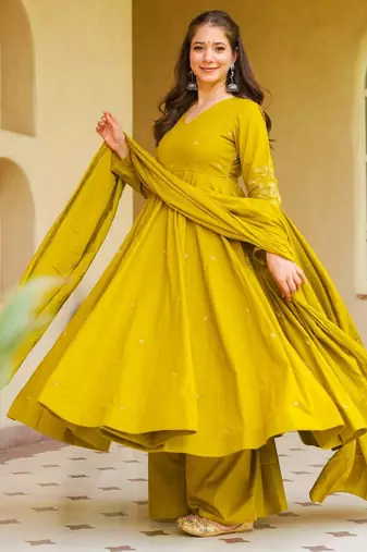 Mustard color smart viscose chanderi fabric beautiful partywear salwar kameez