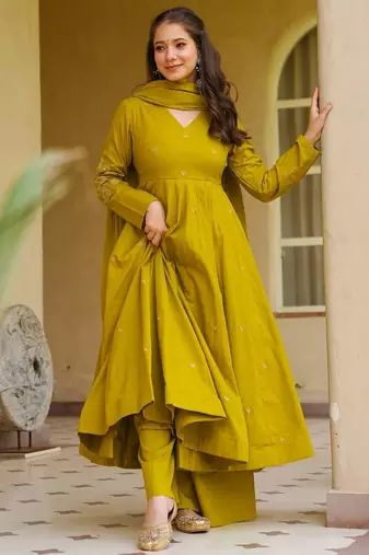 Mustard color smart viscose chanderi fabric beautiful partywear salwar kameez
