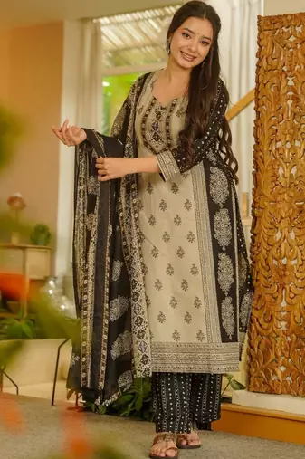 Beige color smart rayon slub fabric beautiful partywear salwar kameez