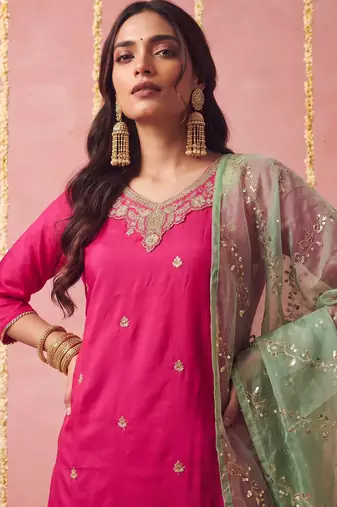 Pink color viscose fabric beautiful designer embroidery work ethnic partywear attire