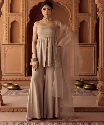 Beige color viscose organza fabric beautiful designer beads embroidery work ethnic partywear attire 1