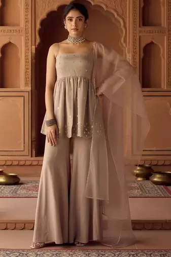 Beige color viscose organza fabric beautiful designer beads embroidery work ethnic partywear attire