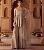 Beige color viscose organza fabric beautiful designer beads embroidery work ethnic partywear attire