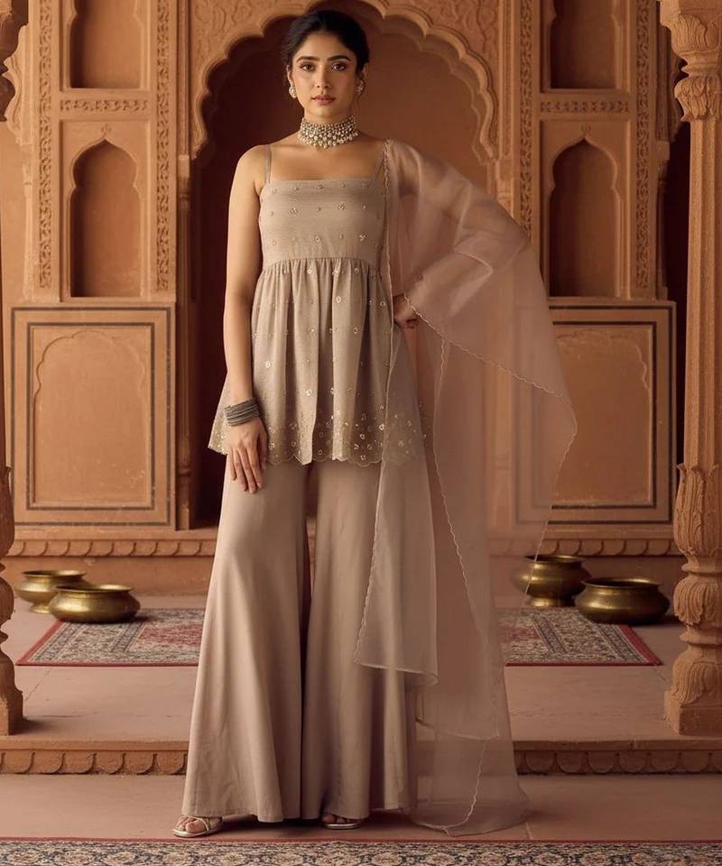 Beige color viscose organza fabric beautiful designer beads embroidery work ethnic partywear attire