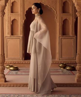 Beige color viscose organza fabric beautiful designer beads embroidery work ethnic partywear attire 4