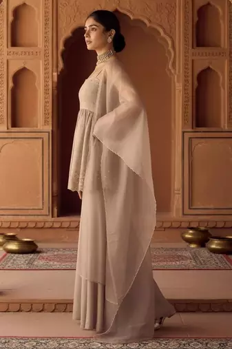 Beige color viscose organza fabric beautiful designer beads embroidery work ethnic partywear attire