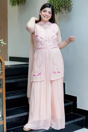 Peach color georgette fabric beautiful designer embroidery work ethnic partywear attire