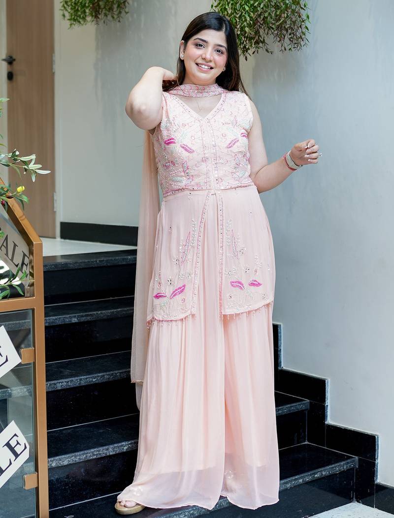 Peach color georgette fabric beautiful designer embroidery work ethnic partywear attire