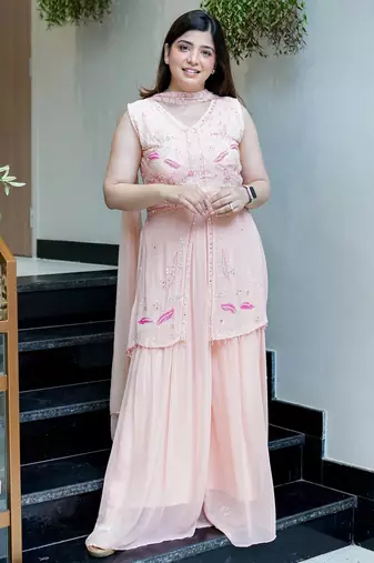 Peach color georgette fabric beautiful designer embroidery work ethnic partywear attire