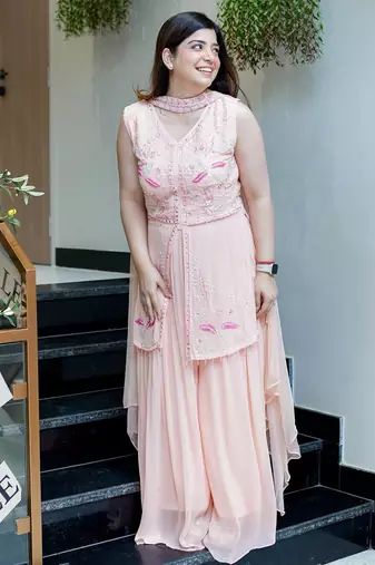 Peach color georgette fabric beautiful designer embroidery work ethnic partywear attire