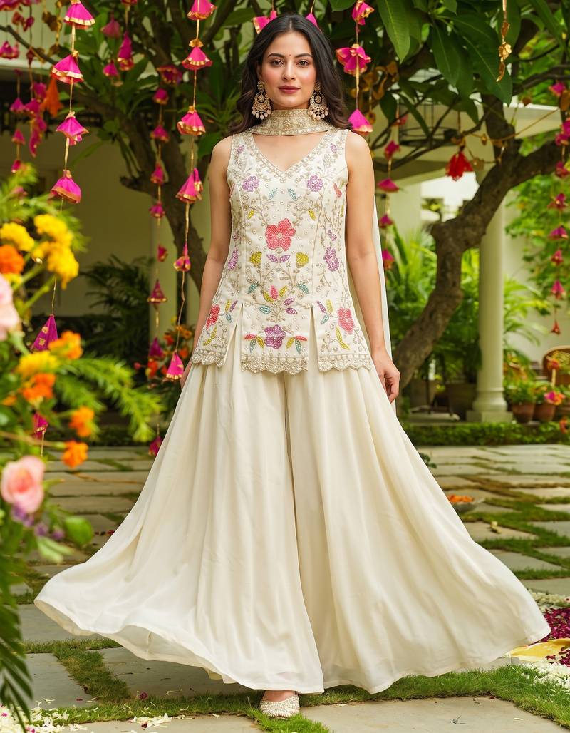 Off white color cosmos silk fabric beautiful designer beads embroidery work ethnic partywear attire