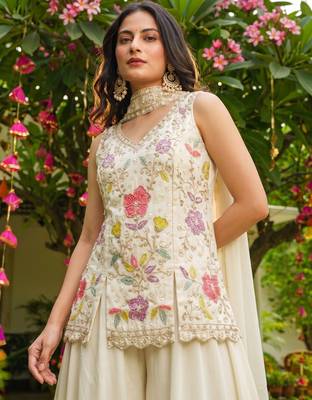 Off white color cosmos silk fabric beautiful designer beads embroidery work ethnic partywear attire 3