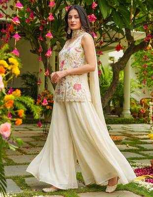 Off white color cosmos silk fabric beautiful designer beads embroidery work ethnic partywear attire 4