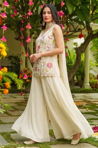 Off white color cosmos silk fabric beautiful designer beads embroidery work ethnic partywear attire