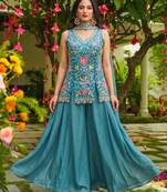 Firozi color cosmos silk fabric beautiful designer beads embroidery work ethnic partywear attire