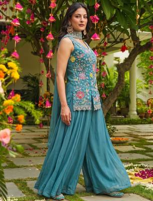 Firozi color cosmos silk fabric beautiful designer beads embroidery work ethnic partywear attire 4