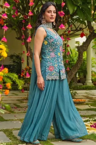 Firozi color cosmos silk fabric beautiful designer beads embroidery work ethnic partywear attire