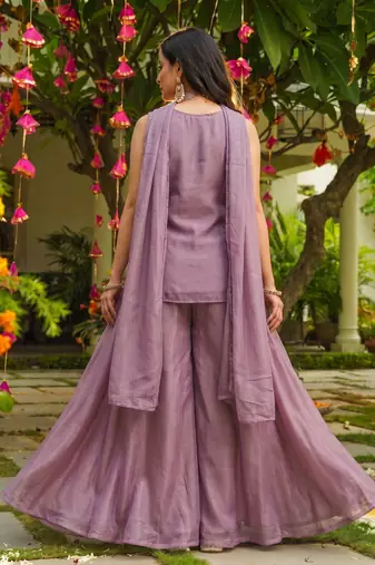 Lavender color cosmos silk fabric beautiful designer beads embroidery work ethnic partywear attire
