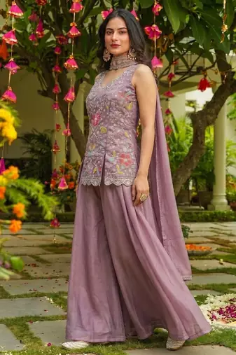 Lavender color cosmos silk fabric beautiful designer beads embroidery work ethnic partywear attire