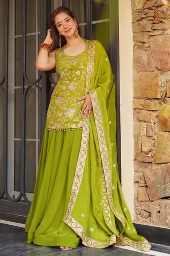 Green color koza silk fabric beautiful designer embroidery work ethnic partywear attire